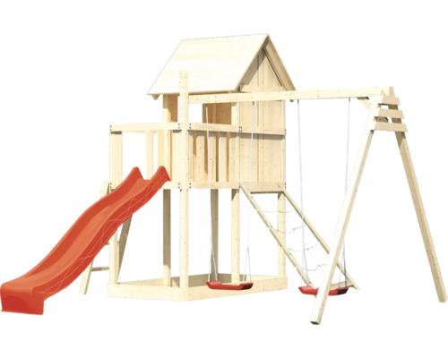 Spielturm aus Holz mit Rutsche und Schaukel
