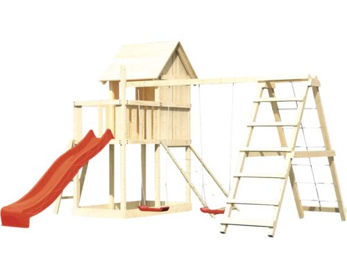 Spielturm aus Holz mit Rutsche, Schaukeln und Leiter