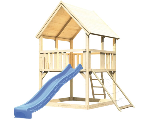 Spielturm aus Holz mit Rutsche und Kletterleiter