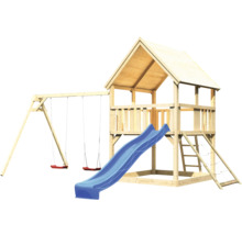 Tour de jeux en bois avec balançoire, toboggan et mur d''escalade
