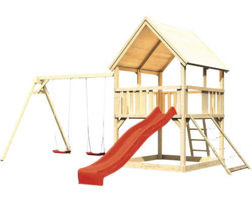 Spielturm mit Rutsche, Schaukel und Kletterwand aus Holz
