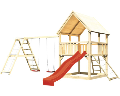 Holzspielplatz mit Rutsche und Schaukel