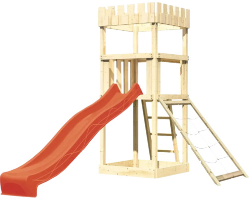 Tour de jeu en bois avec toboggan, échelle et filet d''escalade pour le jardin