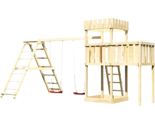 Spielturm aus Holz mit Schaukel und Kletternetz