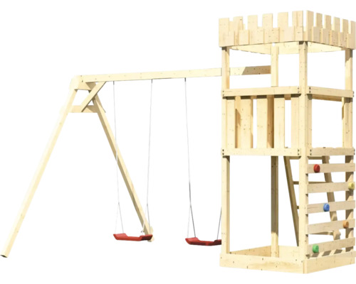 Spieltum mit Schaukel und Kletterwand aus Holz