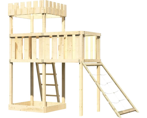 Holzspielturm mit Leiter und Kletternetz für den Aussenbereich