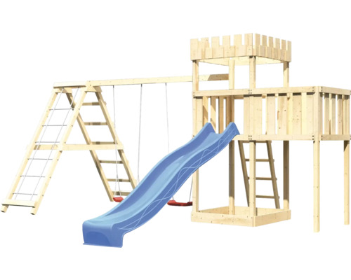 Spielturm aus Holz mit Rutsche, Schaukel und Kletterwand