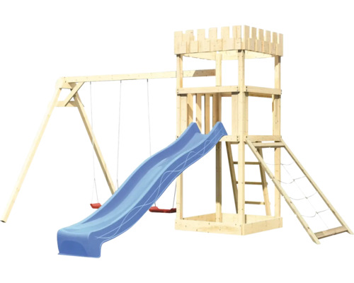Spielturm aus Holz mit Schaukel und Rutsche