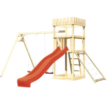 Spielturm aus Holz mit Rutsche und Schaukel