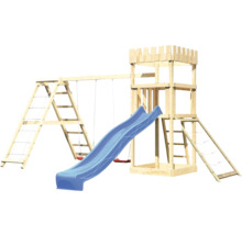 Aire de jeux avec toboggan, balançoire et tour d''escalade en bois