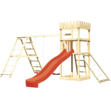 Aire de jeux en bois avec toboggan et balançoire