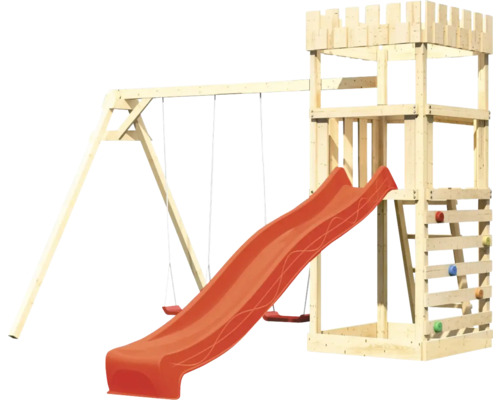 Spielturm aus Holz mit Schaukel und Rutsche für den Garten