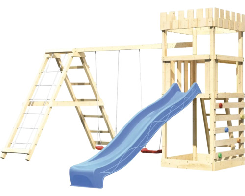 Spielturm mit Rutsche, Schaukel und Kletterwand aus Holz