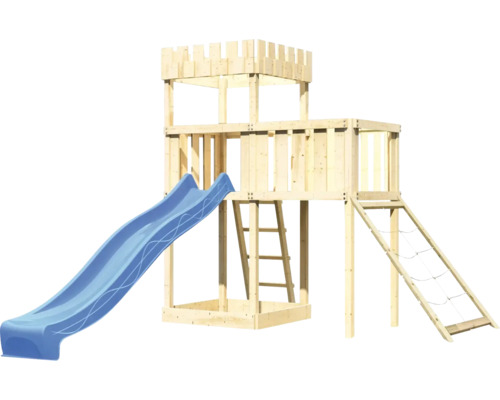 Spielturm mit Rutsche, Kletterwand und Leiter aus Holz
