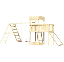 Aire de jeux avec balançoire, mur d''escalade et tour en bois