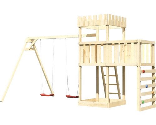 Spielturm aus Holz mit Schaukel und Kletterwand