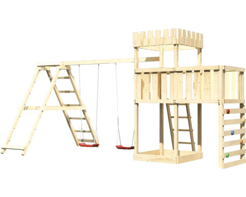 Spieltower mit Schaukel und Kletterwand aus Holz