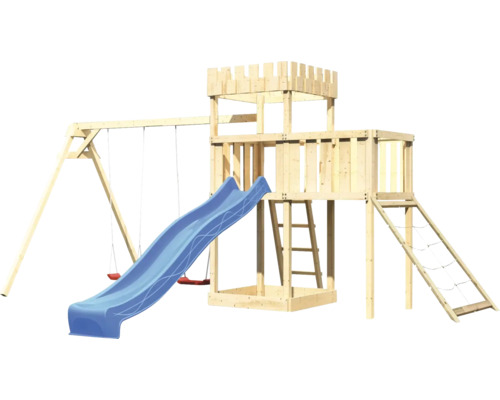 Spieltum mit Rutsche, Schaukel und Kletterwand aus Holz