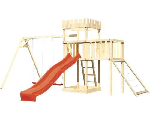 Spielturm mit Rutsche und Schaukel aus Holz