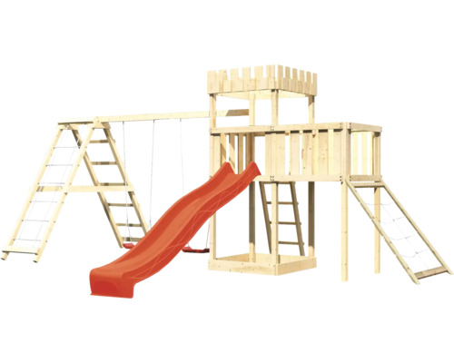 Spielturm aus Holz mit Rutsche, Schaukel und Kletterwand für den Garten