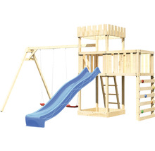 Spielplatz mit Schaukel, Rutsche, Kletterwand und Turm aus Holz
