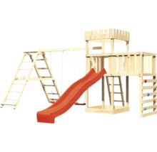 Tour de jeu avec toboggan, balançoire et mur d''escalade en bois