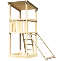 Spielturm aus Holz mit Dach, Leiter und Kletternetz