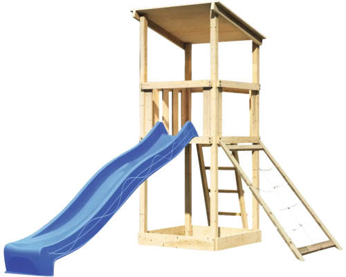 Tour de jeu en bois avec toboggan, échelle et filet d''escalade