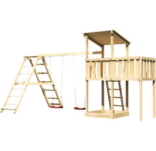 Holzspielturm mit Schaukel, Kletterwand und Sandkasten für den Garten