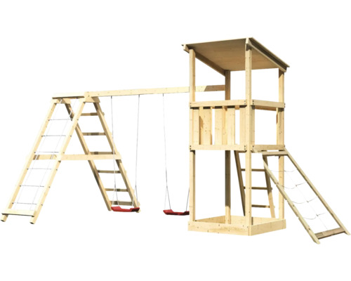 Spielturm mit Schaukel und Kletterwand aus Holz
