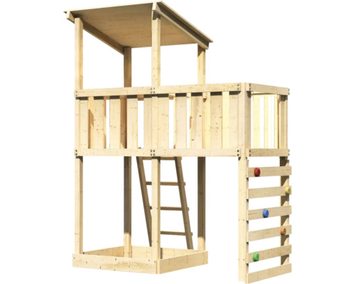 Spielturm aus Holz mit Kletterwand und Leiter