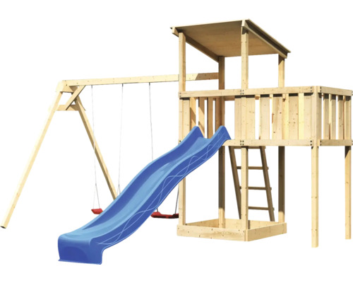 Spielturm mit Schaukel und Rutsche aus Holz