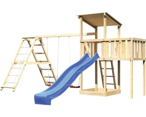 Spielturm mit Rutsche, Schaukel und Kletterwand aus Holz
