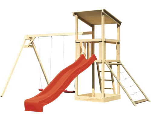 Spielturm aus Holz mit Schaukel, Rutsche und Klettergerüst für den Garten