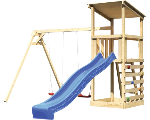 Holzspielturm mit Schaukel, Rutsche und Kletterwand für den Aussenbereich