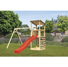 Aire de jeux avec balançoire, tour d''escalade et toboggan dans le jardin