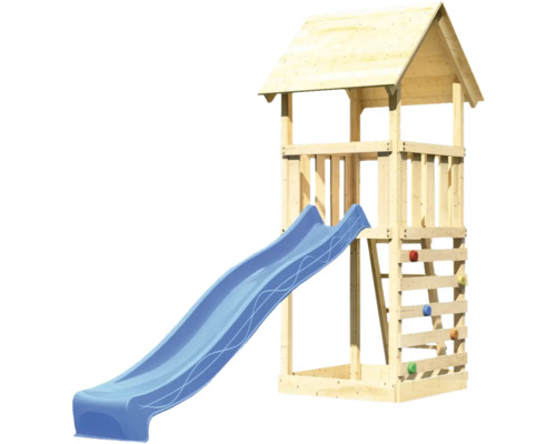 Tour de jeu en bois avec toboggan bleu pour le jardin