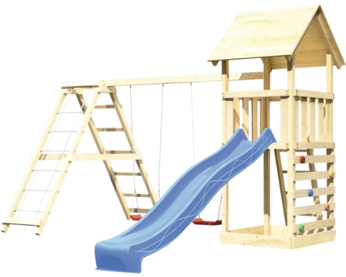 Spielturm aus Holz mit Schaukel, Rutsche und Kletterwand
