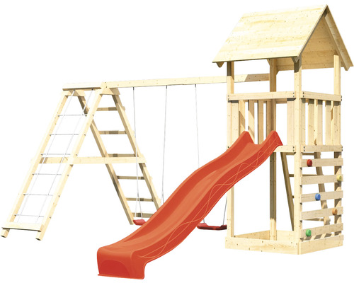 Spielturm aus Holz mit Rutsche, Schaukel und Kletterwand für den Garten