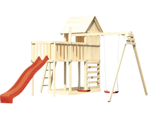 Spielturm mit Rutsche, Kletterwand und zwei Schaukeln aus Holz