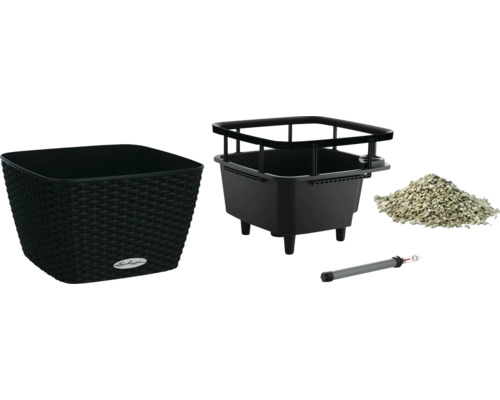 Bac à plantes noir avec système d''irrigation, substrat et indicateur de niveau d''eau