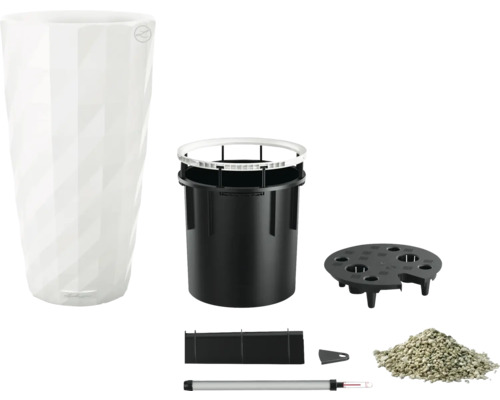Composants d''un kit de pot de fleurs Lechuza avec système d''irrigation
