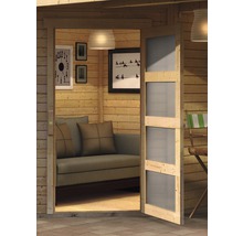 Holzgartenhaus mit Glastür, Sofa und Dekoration