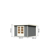 Dimensions de la remise à outils: 216 cm de hauteur, 302 cm de largeur et 306 cm de profondeur.