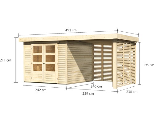 Holzgartenhaus mit Anbau und Massangaben