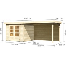 Image d''un abri de jardin avec annexe et indications de dimensions