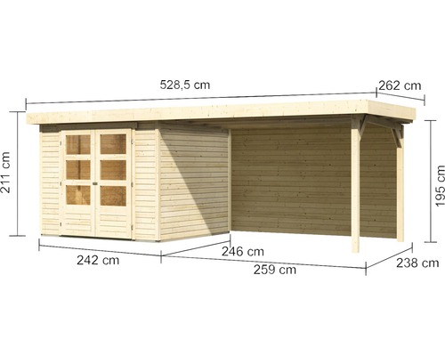 Abbildung eines Gartenhauses mit Anbau und Massangaben