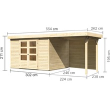 Gartenhaus Karibu Kodiak 5 inkl. Schleppdach 2,4 m und Rückwand 554 x 262 cm natur