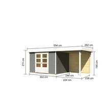 Abri de jardin Karibu Kodiak 5 avec toit en appentis de 2,4 m et paroi arrière 554 x 262 cm gris terre
