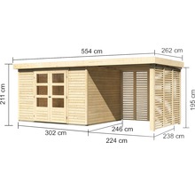 Abmessungen eines Holzgartenhauses mit Doppeltür und überdachter Terrasse.